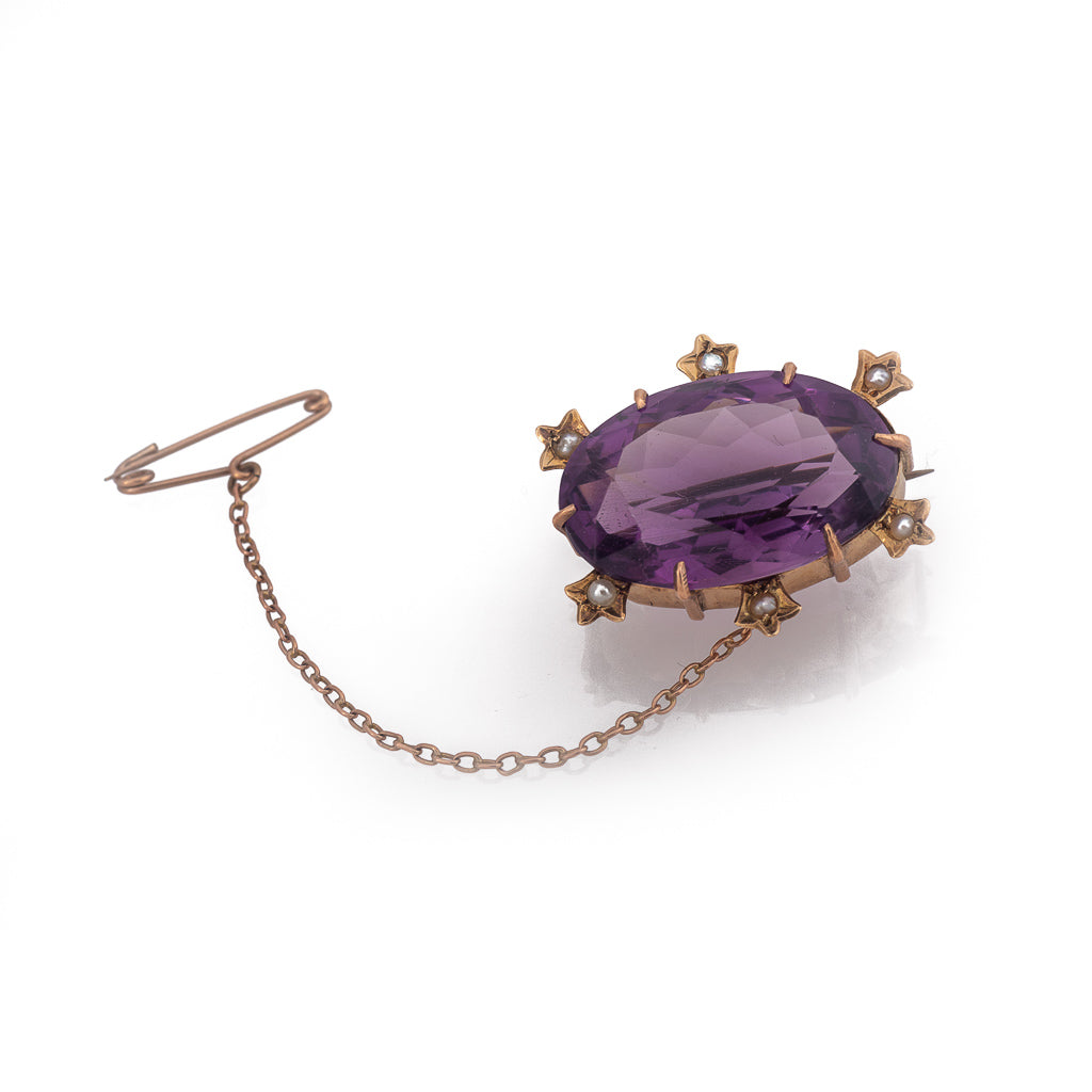 Antique Victorian Oval Amethyst and Pearl Brooch Vintage