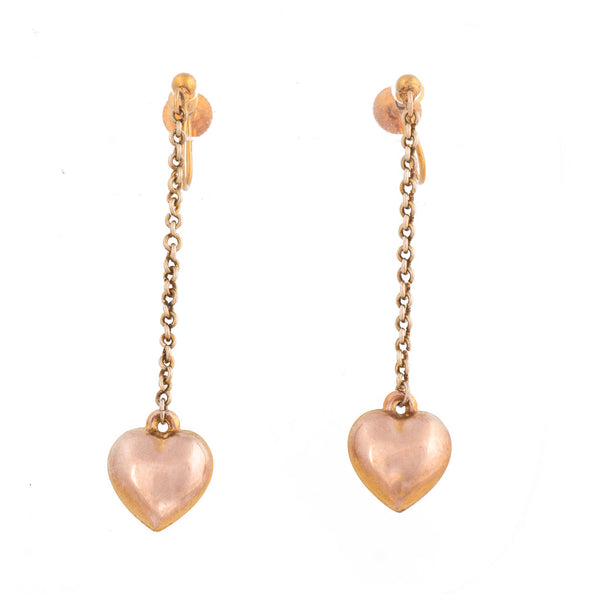 Antique Art Deco Earrings Yellow & Rose Gold Drop Heart Front