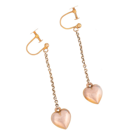 Antique Art Deco Earrings Yellow & Rose Gold Drop Heart