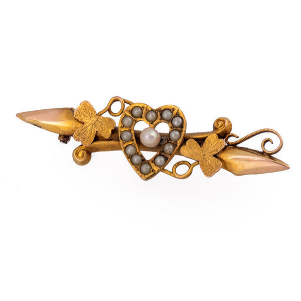 Antique Edwardian Gold Pearl Heart & Clover Design Brooch Pearls