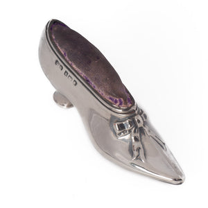 Antique Edwardian Sterling Silver Pin Cushion Shoe with Ribbon Bow