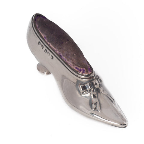 Antique Edwardian Sterling Silver Pin Cushion Shoe with Ribbon Bow