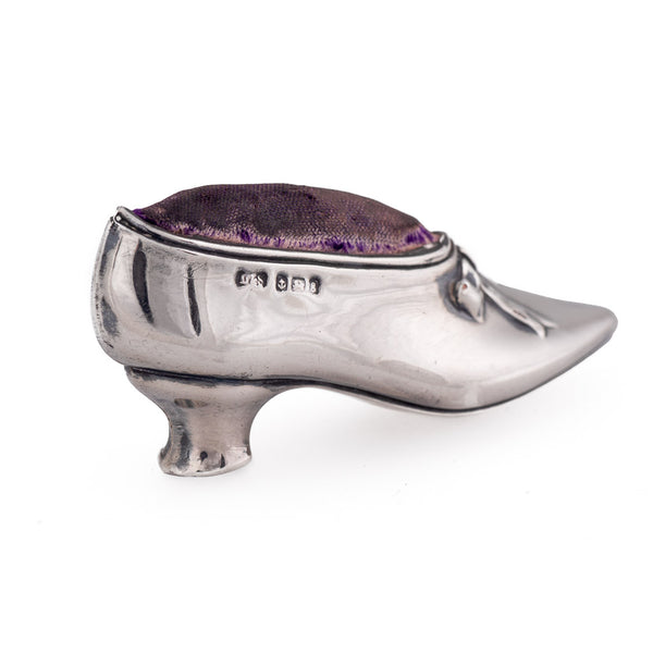 Antique Edwardian Sterling Silver Pin Cushion Shoe with Ribbon Bow Back