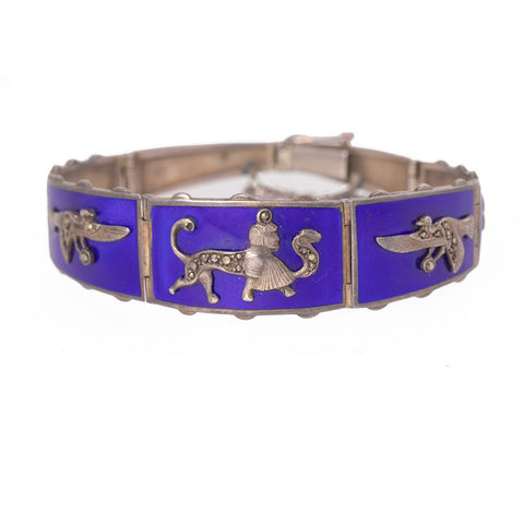 Antique Egyptian Revival Marcasite Blue Enamel Bracelet Sphinx