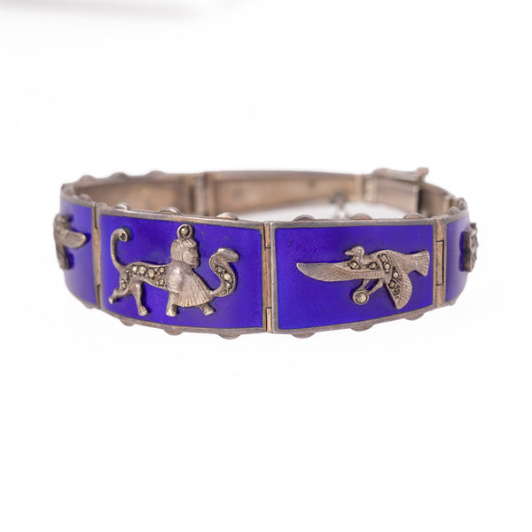 Antique Egyptian Revival Marcasite Blue Enamel Bracelet Figures
