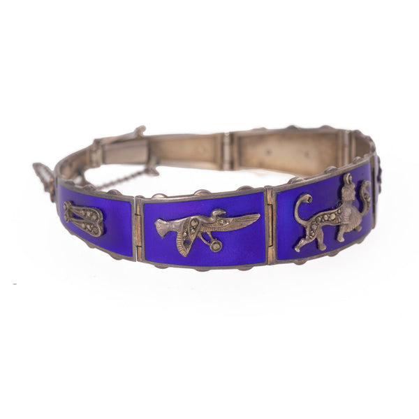 Antique Egyptian Revival Marcasite Blue Enamel Bracelet Side