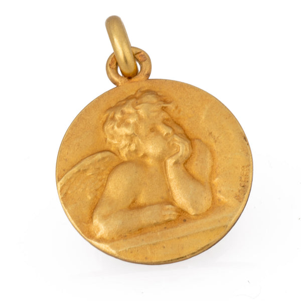Antique French Becker Edwardian 18ct Gold Cupid Pendant Front Side View