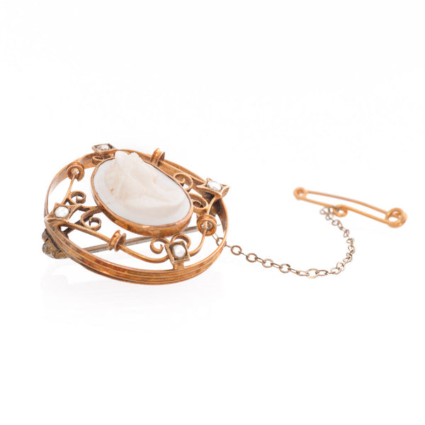 Classic Antique Edwardian Cameo and Seed Pearl Brooch Edge