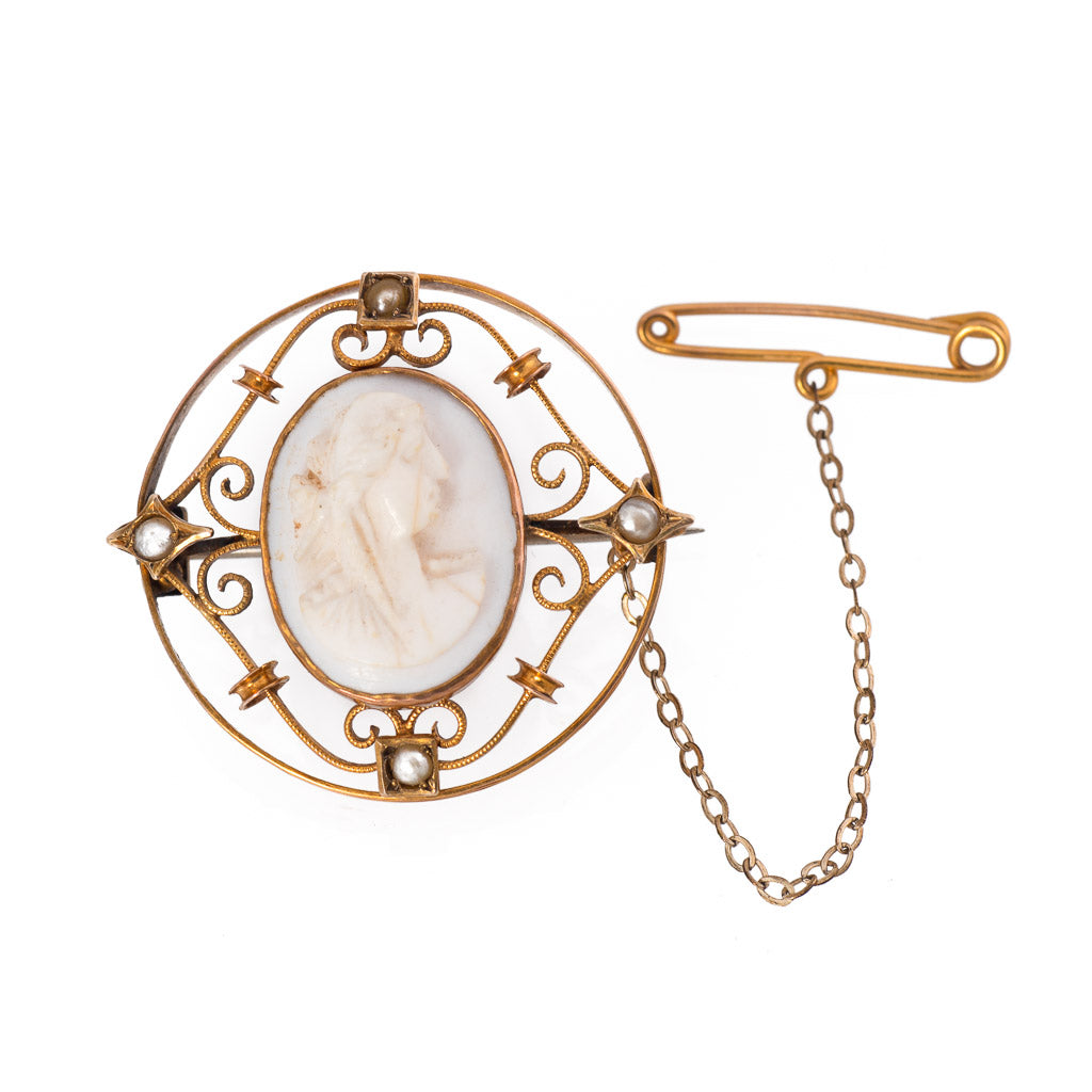 Classic Antique Edwardian Cameo and Seed Pearl Brooch