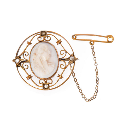 Classic Antique Edwardian Cameo and Seed Pearl Brooch