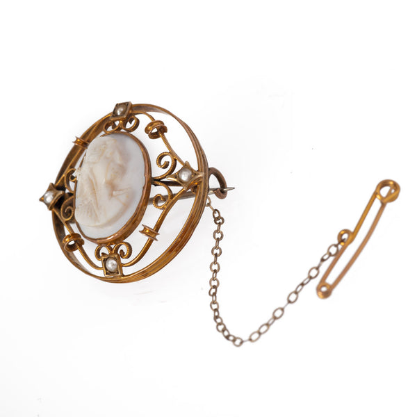 Classic Antique Edwardian Cameo and Seed Pearl Brooch Side