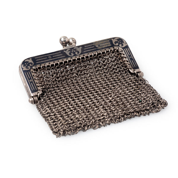 Antique Edwardian Silver Niello Mesh Purse