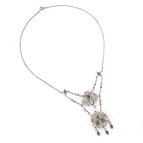 Antique Edwardian Silver and Emerald Green Paste Necklace 