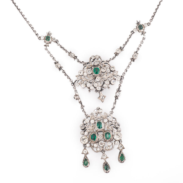 Antique Edwardian Silver and Emerald Green Paste Necklace 