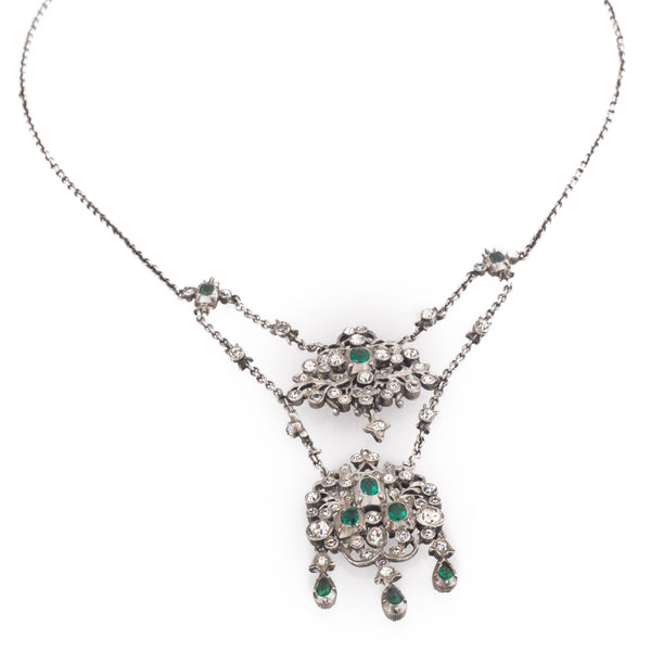 Antique Edwardian Silver and Emerald Green Paste Necklace 