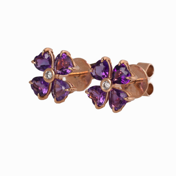 Rose Gold Amethyst & Diamond Flower Earrings Backs