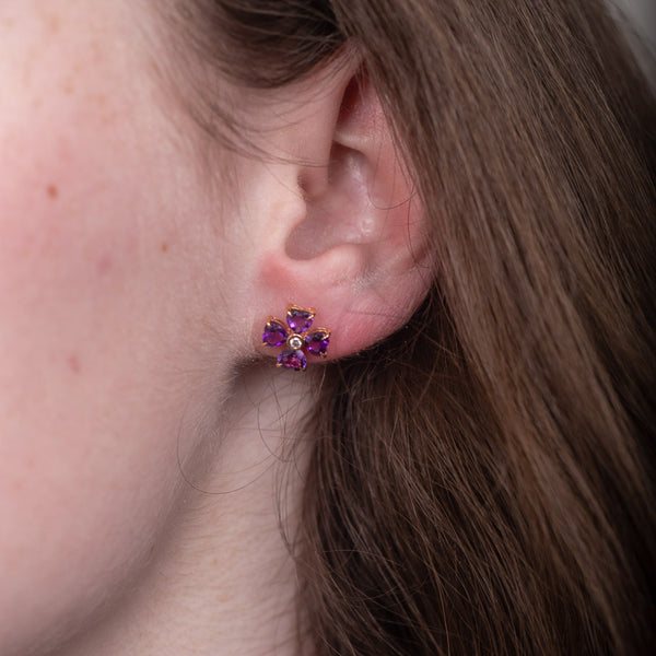 Rose Gold Amethyst & Diamond Flower Earrings Backs Model