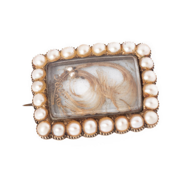 Traditional Antique Victorian Mourning Brooch with Pearl Frame and Hair Front