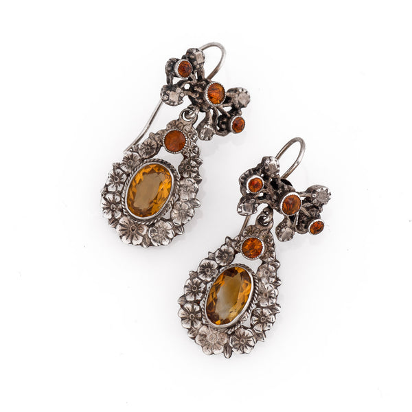 Vintage Silver and Citrine Ornate Flower Drop Earrings Close Up