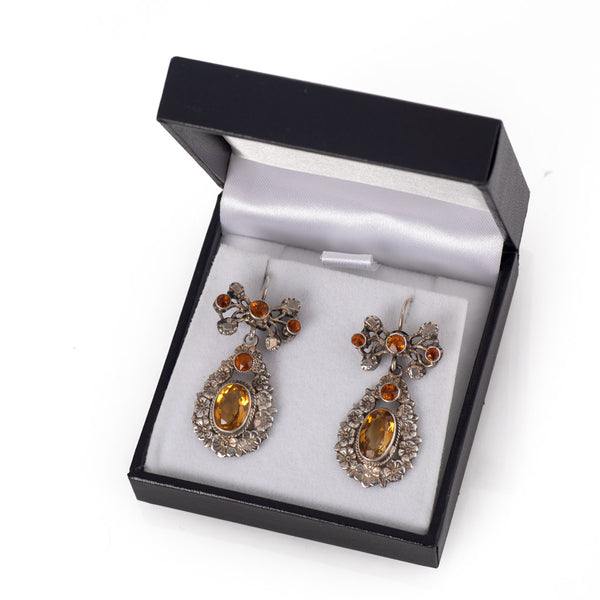 Vintage Silver and Citrine Ornate Flower Drop Earrings In Box
