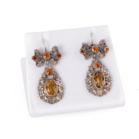 Vintage Silver and Citrine Ornate Flower Drop Earrings Front
