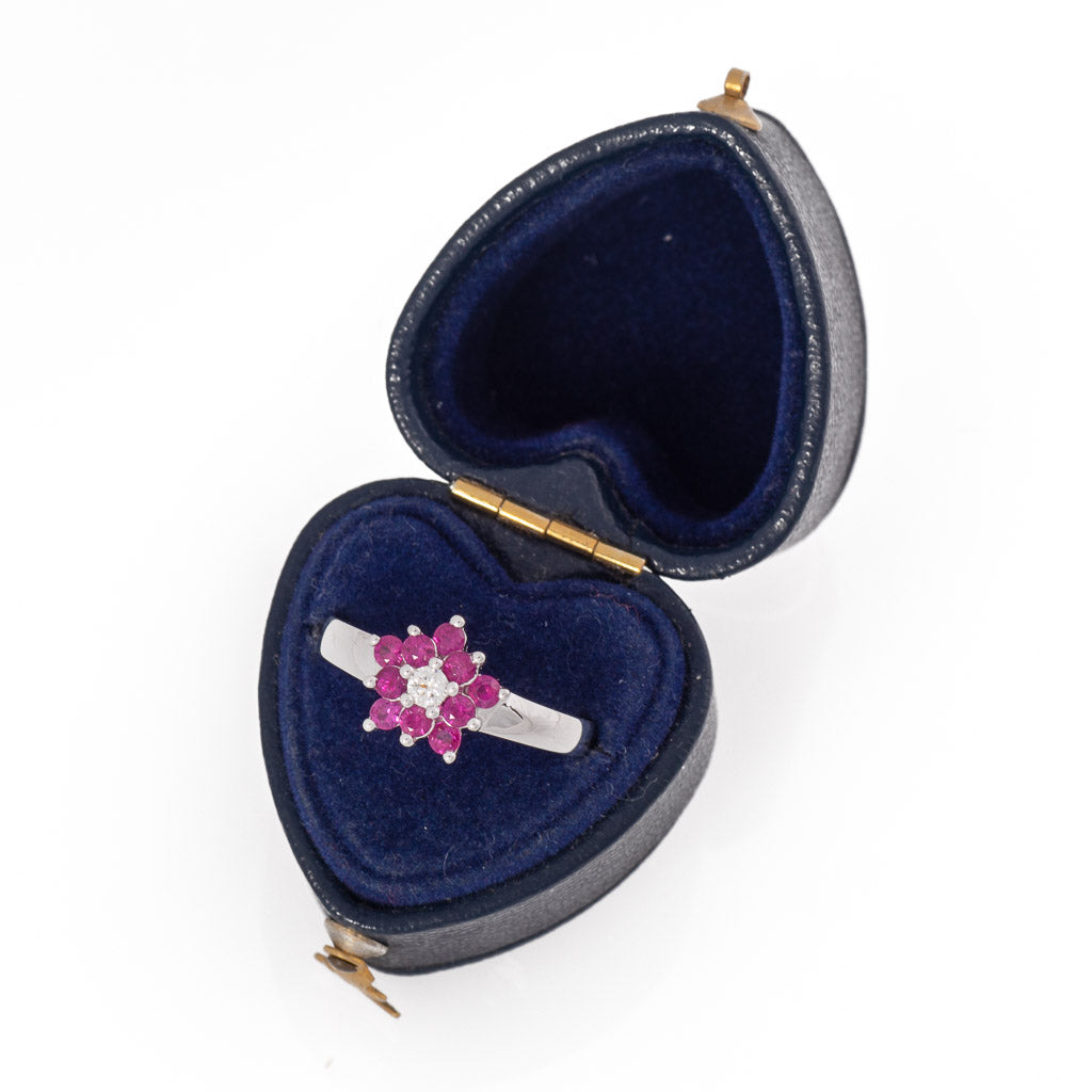 Modern Diamond & Ruby Flower Style Ring in Box