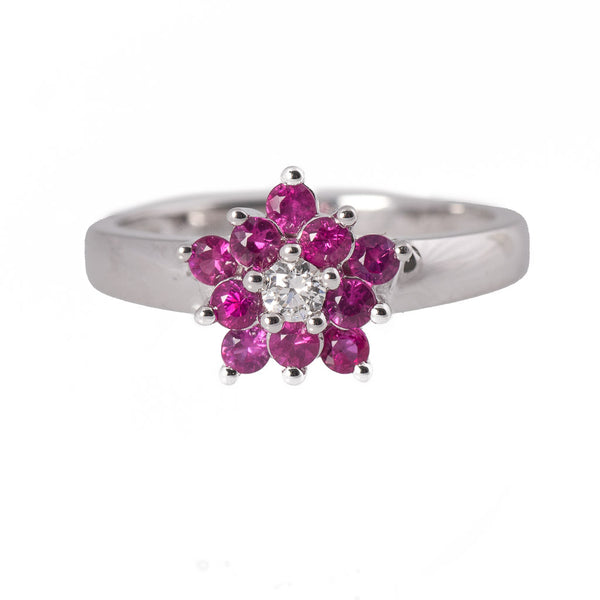 Modern Diamond & Ruby Flower Style Ring Front