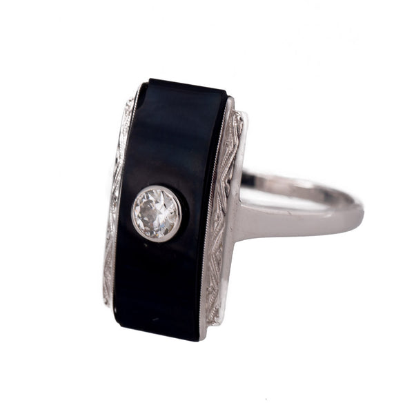Antique Art Deco White Gold, Onyx and Diamond Ring Front View
