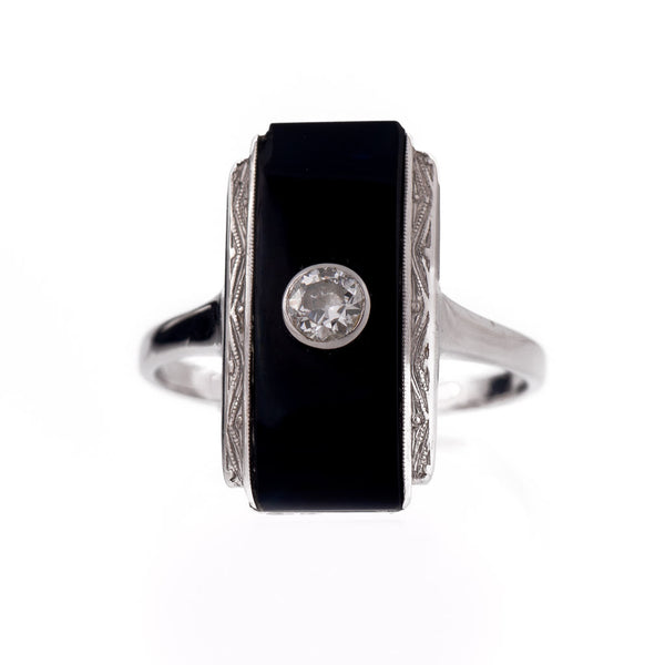 Antique Art Deco White Gold, Onyx and Diamond Ring