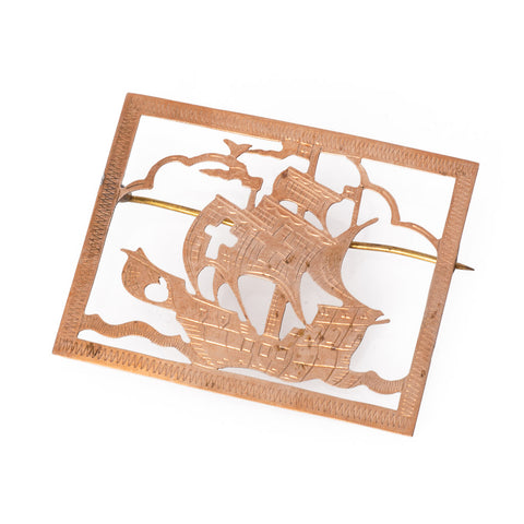 Vintage Rose Gold Coloured Metal Galleon Sailing Ship Brooch Front view