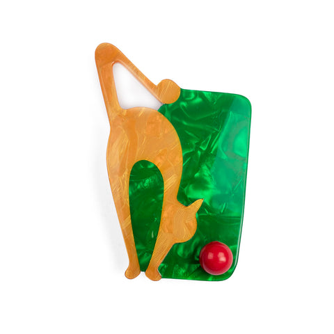 Green Lea Stein Cat with Ball Brooch - Front