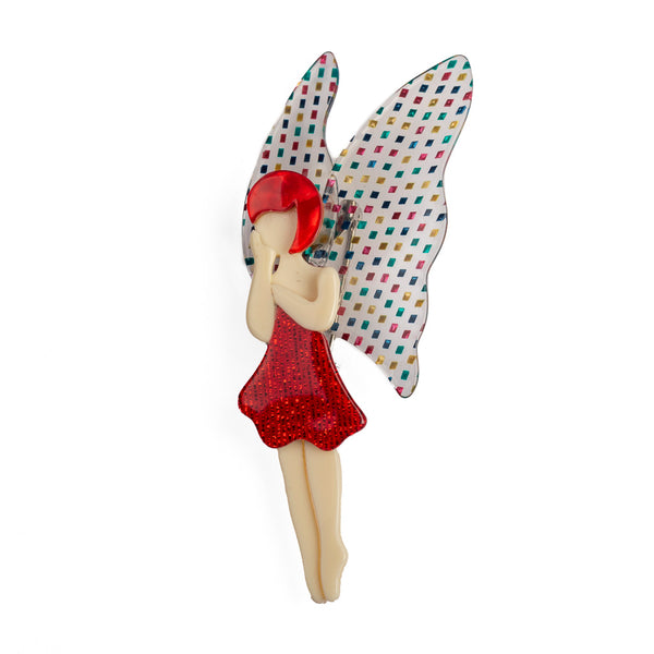 French Lea Stein Fairy Brooch - Red with wings up