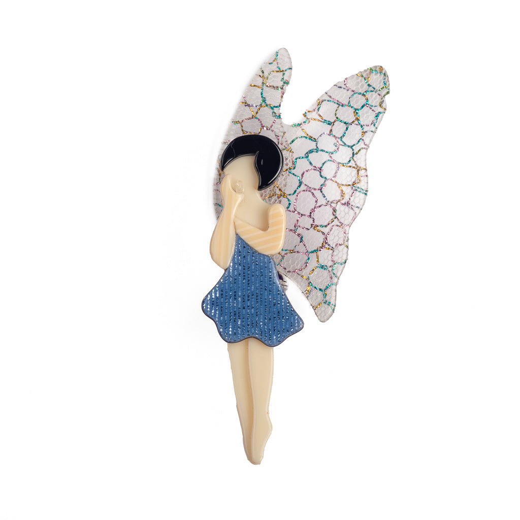 French Lea Stein Fairy Brooch - Blue with wings up