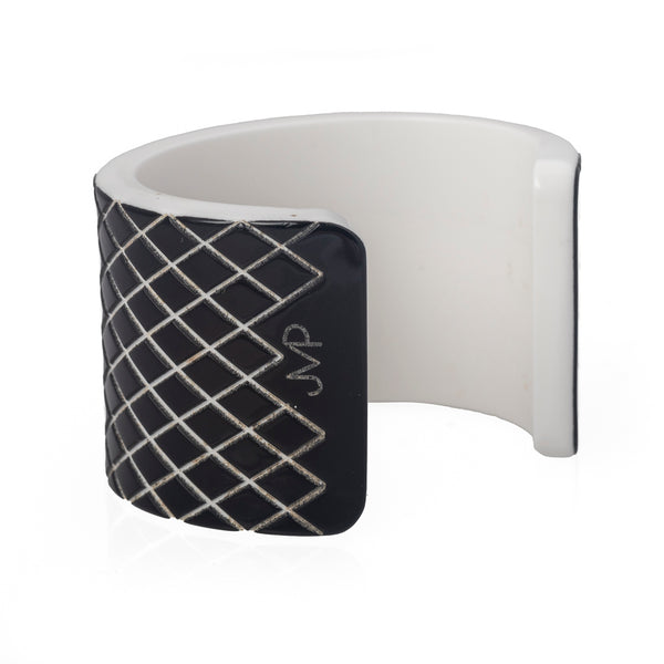 Vintage Black and White Resin Geometric Cuff Bangle Signed